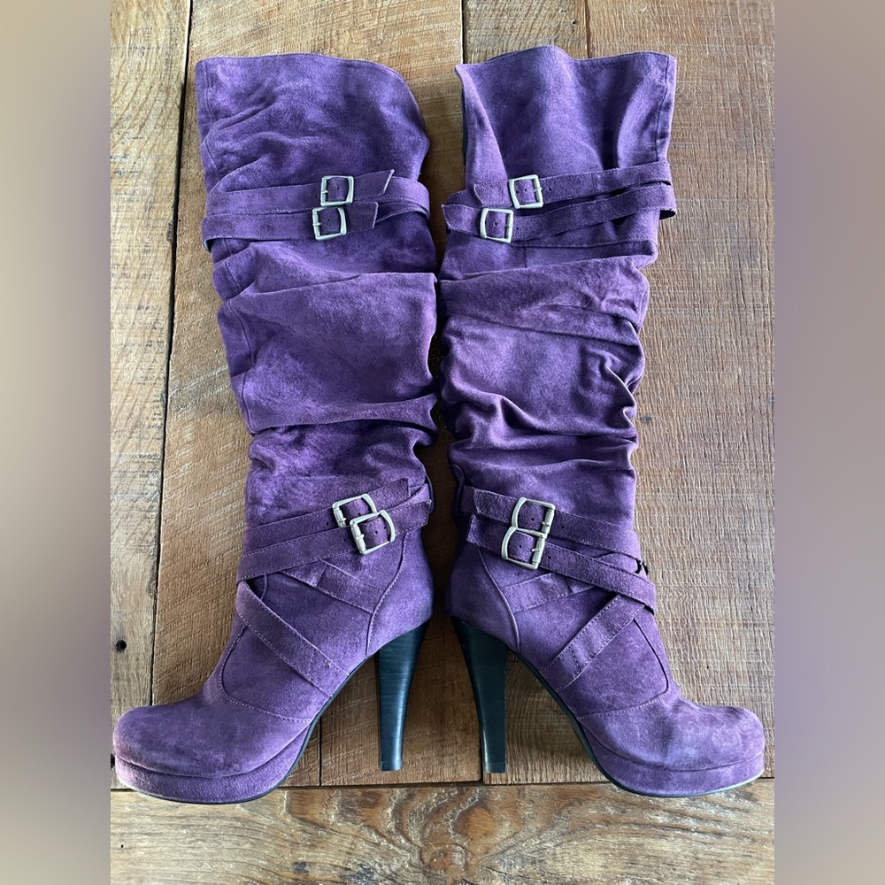 Purple Suede Lush Leather Tall Buckle Slouch Boots by Two Lips 8